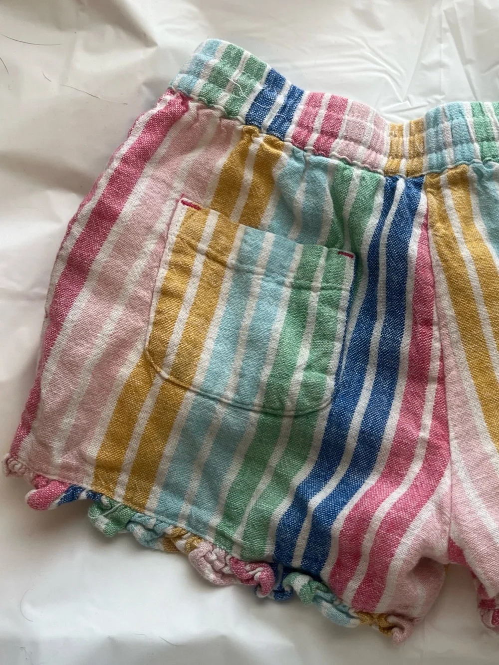 Mini Boden Rainbow Stripe Ruffle Shorts - Pink, Yellow, Green, Blue 6Y